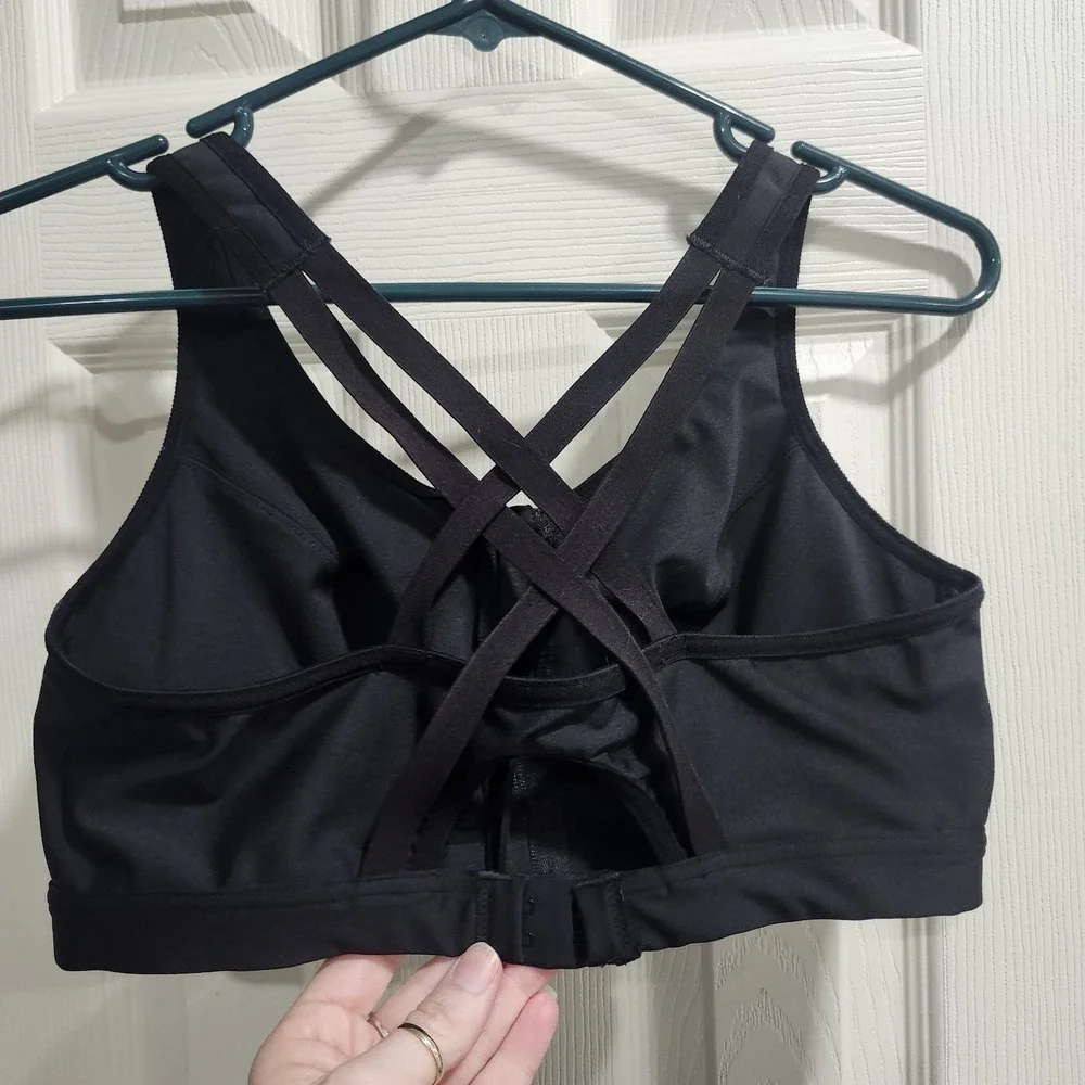 Glamorise Sport Bra 36D Black Front Zip‎ High Support Crisscross Back Activewear
